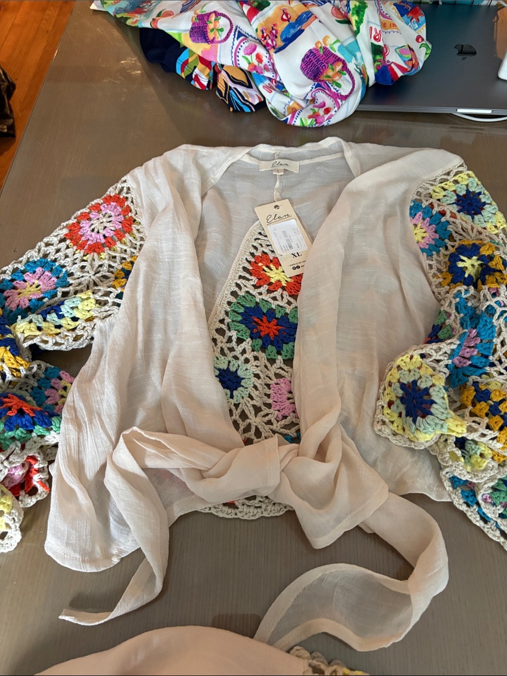 Elan Cream Open-Front Cardigan with Multicolor Crochet Accents and matching pant